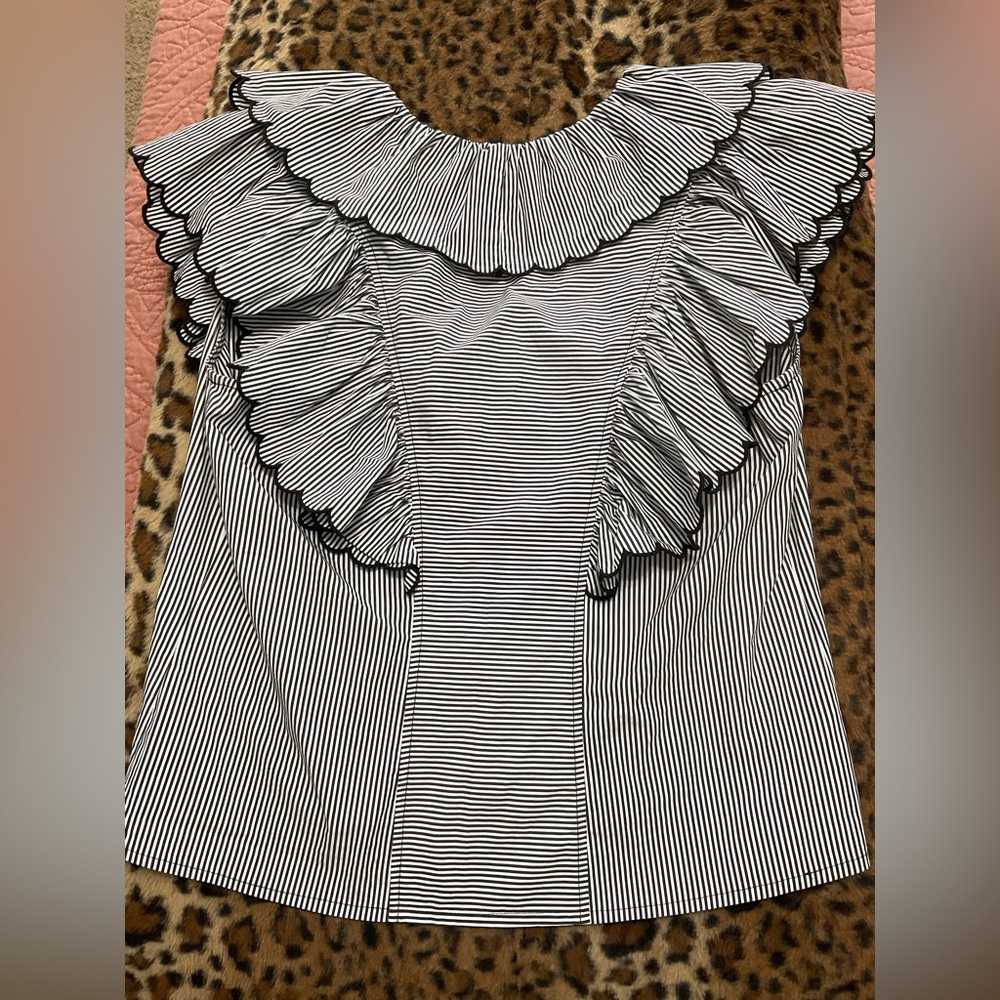 HUNTER BELL Black and White Striped Ruffle-Trim Tie-Neck Blouse - Picture 3 of 10